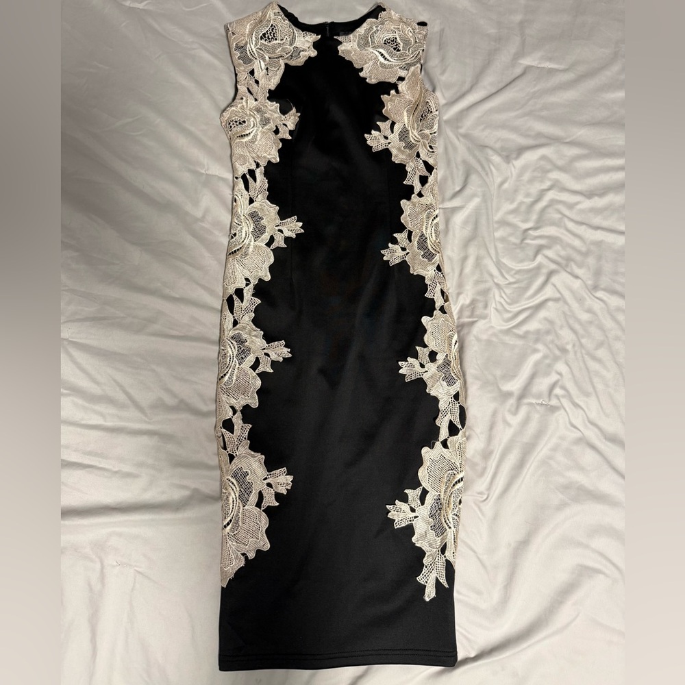 A|X Black Dress with Cream Lace Trim - Women's Elegant Sheath Dress